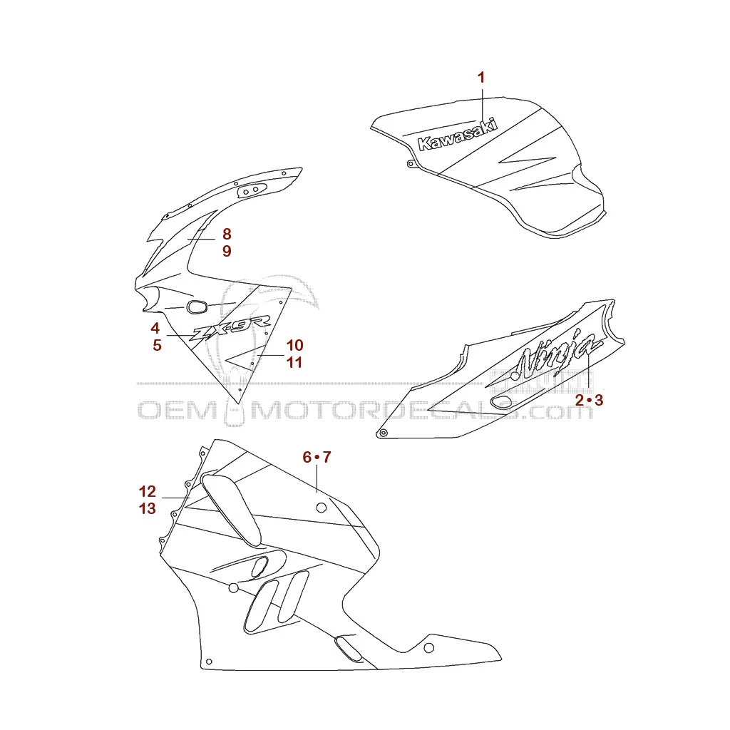OEM Decals Kawasaki ZX9R 1994 - Red • Original Stickers