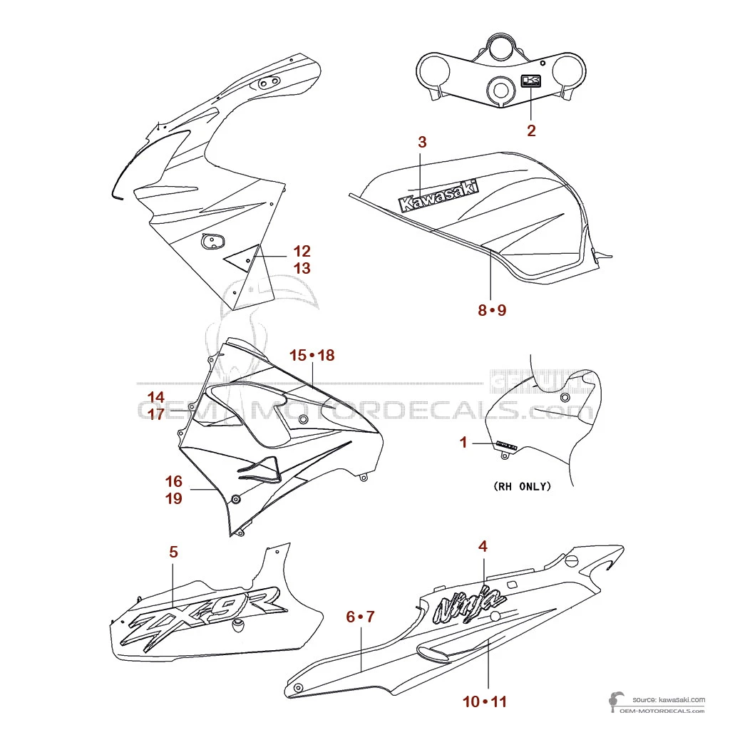‎٩( ᐛ )و OEM Decals Kawasaki ZX9R 2001 - Gray • Original Stickers