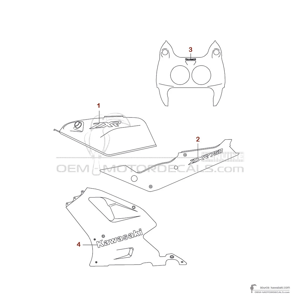 OEM Decals Kawasaki ZXR750 1991 - Red • Original Stickers