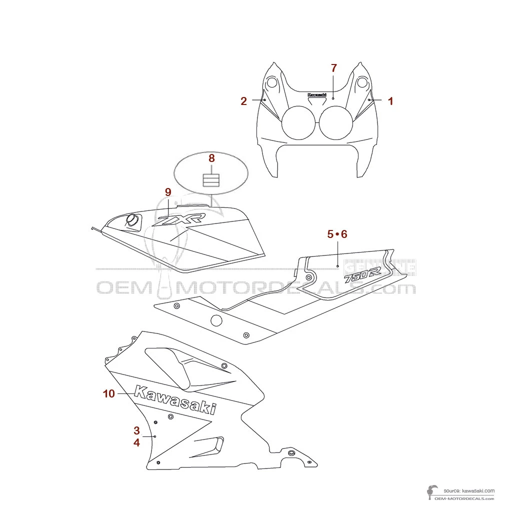 Autocollants pour Kawasaki ZXR750R 1991 - Vert • Kawasaki Autocollants OEM