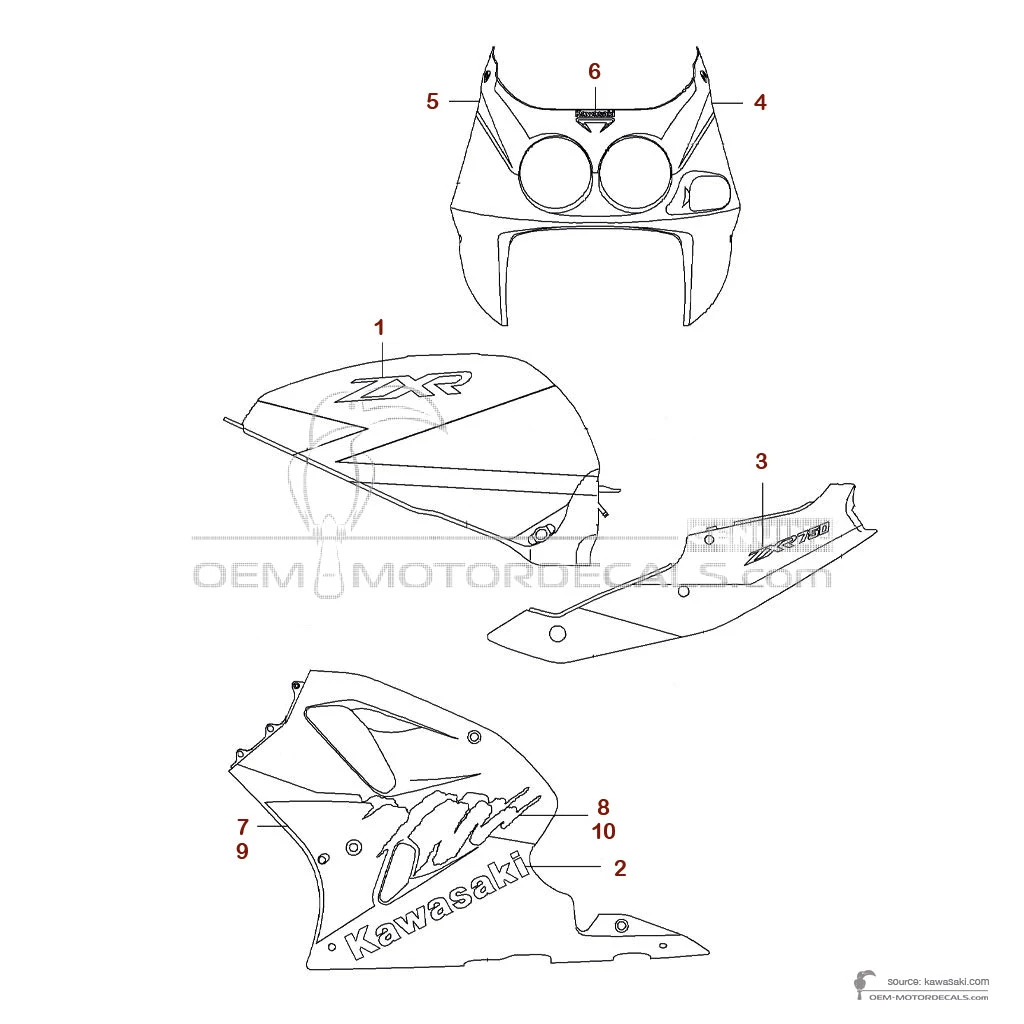 Autocollants pour Kawasaki ZXR750 1993 - Vert • Kawasaki Autocollants OEM