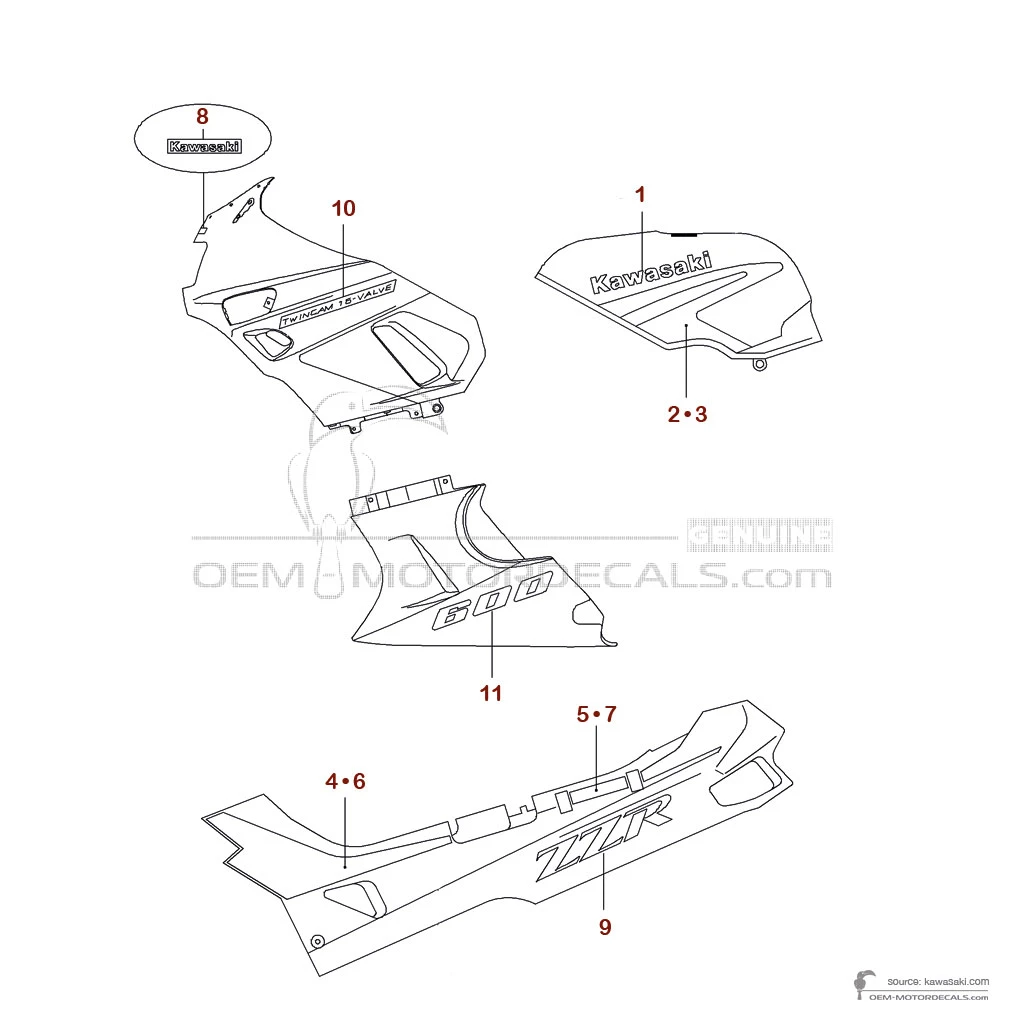 Adesivi per Kawasaki ZZR600 1991 - Argento • Kawasaki Adesivi OEM
