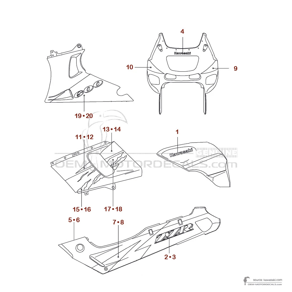 Autocollants pour Kawasaki ZZR600 1994 - Violet • Kawasaki Autocollants OEM