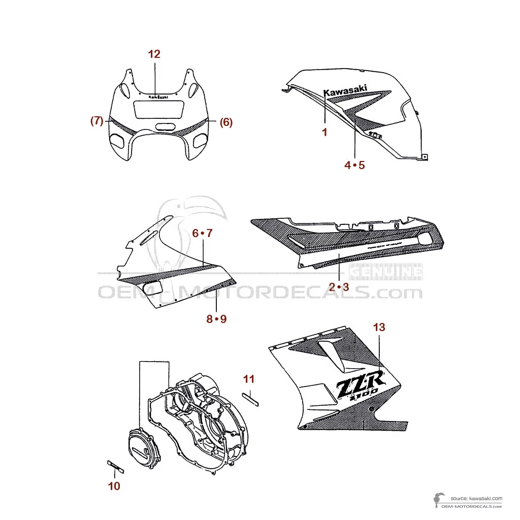 絵画 flk041108 OEM Decals Kawasaki ZZR1100 1990 - Black • Original Stickers