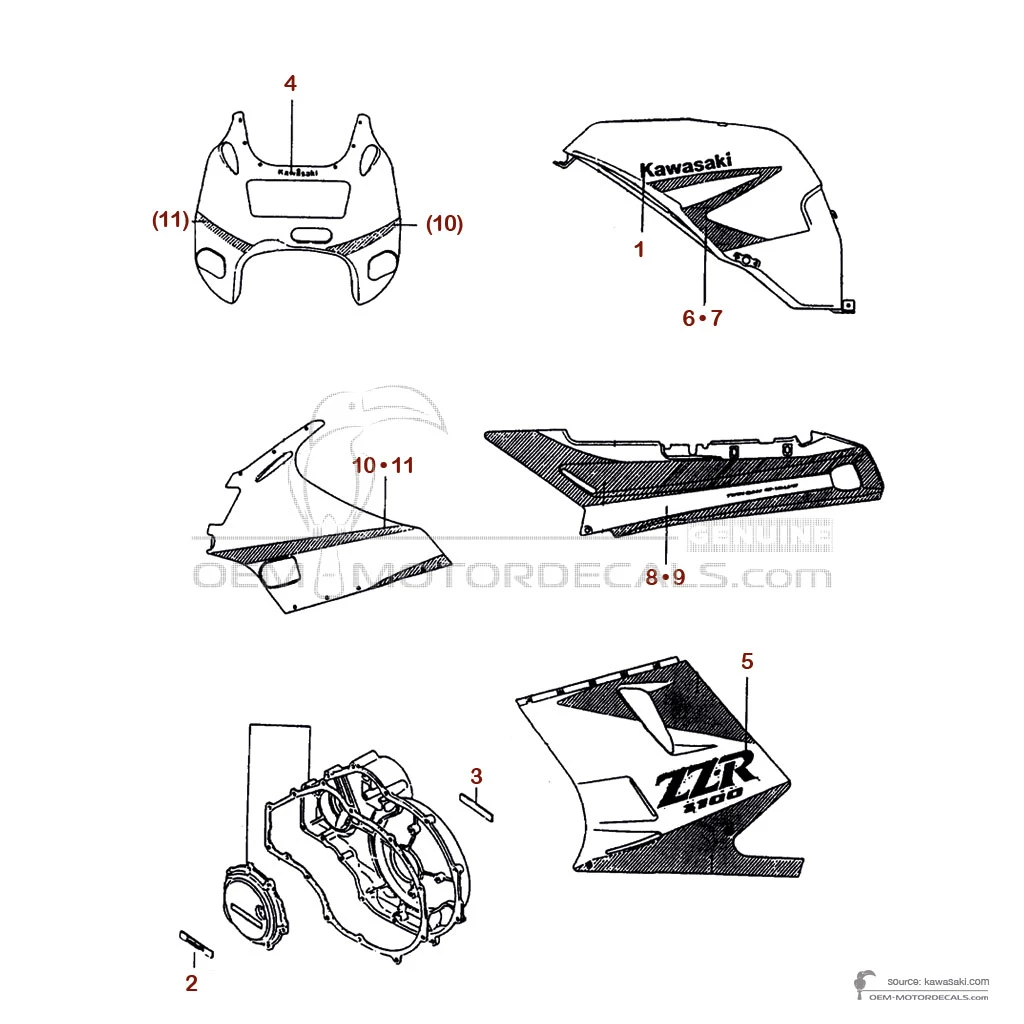Pegatinas para Kawasaki ZZR1100 1992 - Plata • Kawasaki Pegatinas OEM