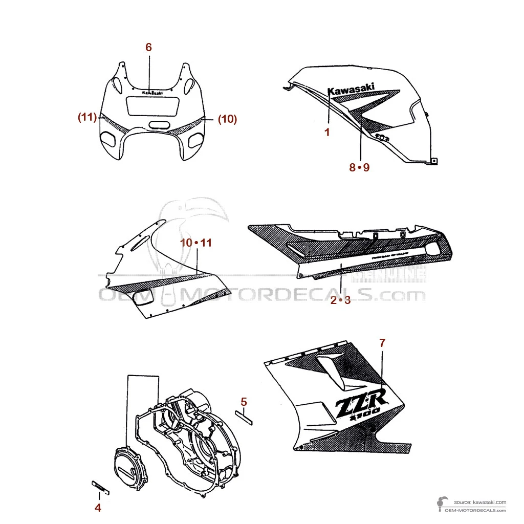 Decals for Kawasaki ZZR1100 1992 - Red • Kawasaki OEM Decals