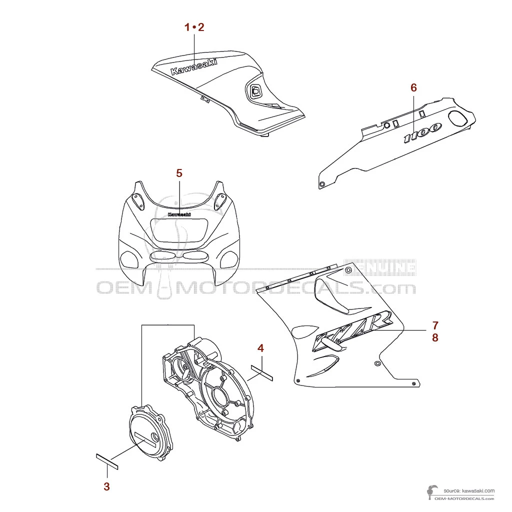 Naklejki do Kawasaki ZZR1100 1994 - Czerwony • Kawasaki Naklejki OEM