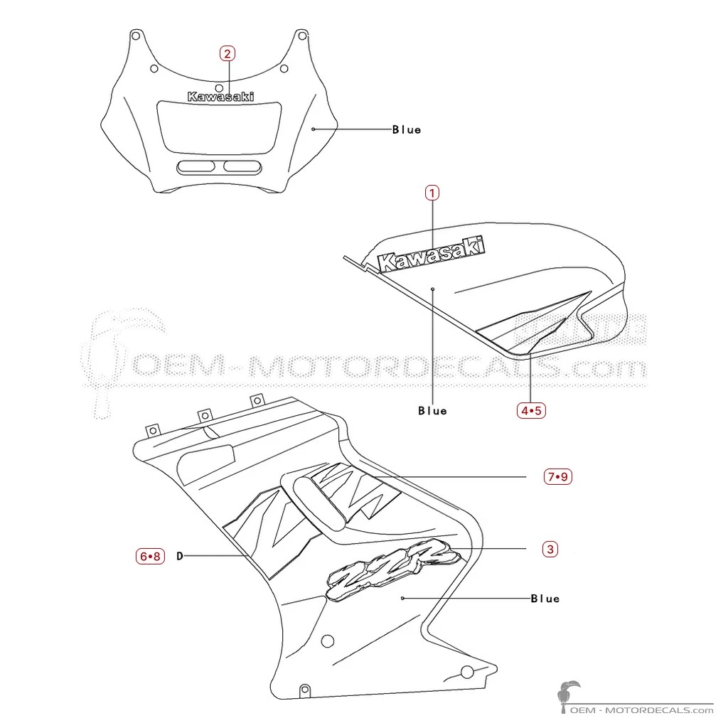 Aufkleber für Kawasaki ZZ-R250 | EX250 1996 • Kawasaki OEM-Aufkleber
