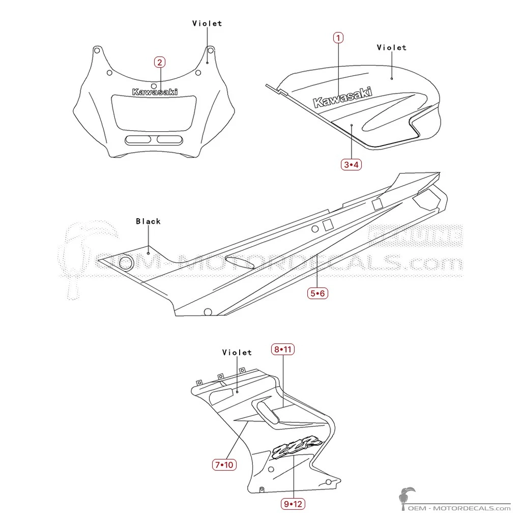 Aufkleber für Kawasaki ZZ-R250 | EX250 1996 • Kawasaki OEM-Aufkleber