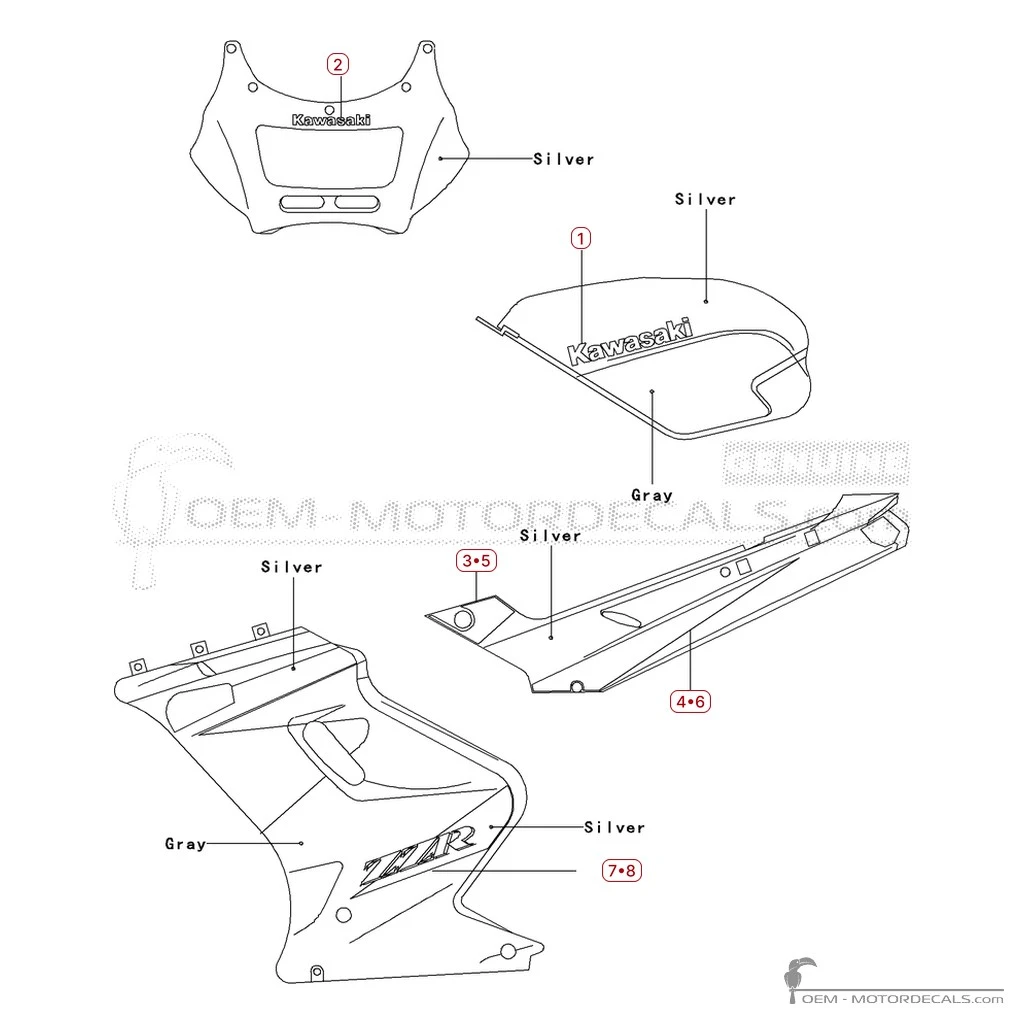 Aufkleber für Kawasaki ZZ-R250 | EX250 1999 • Kawasaki OEM-Aufkleber Aufkleber für Kawasaki ZZ-R250 | EX250 1999 • Kawasaki OEM-Aufkleber