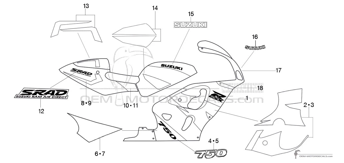 Autocollants pour Suzuki GSXR750 1997 - Orangé • Suzuki Autocollants OEM