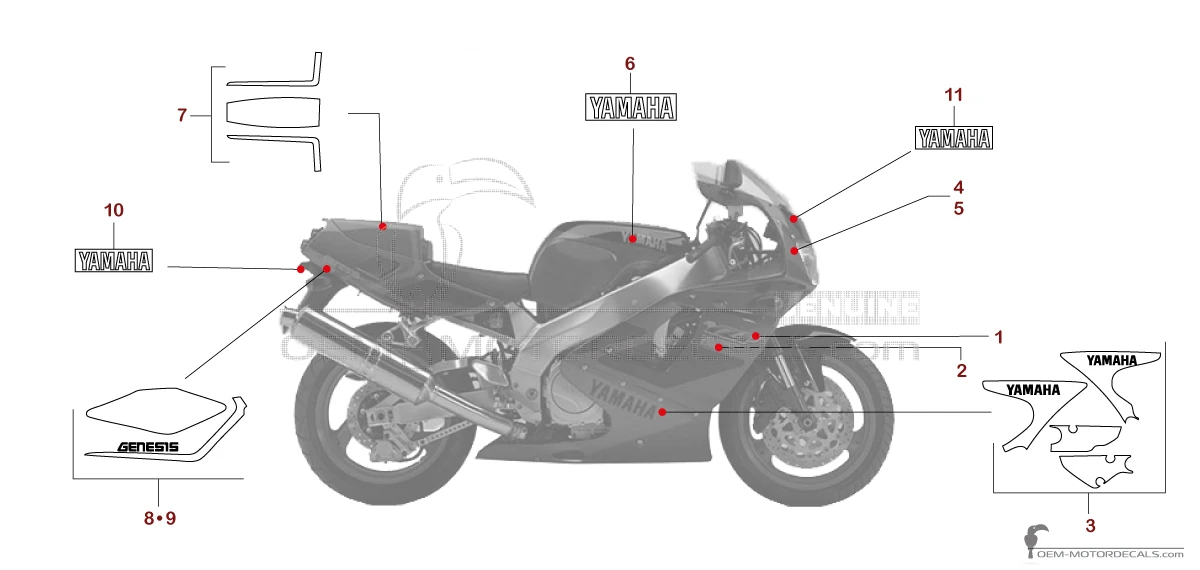 Decals for Yamaha YZF750R 1993 - Dark gray • Yamaha OEM Decals