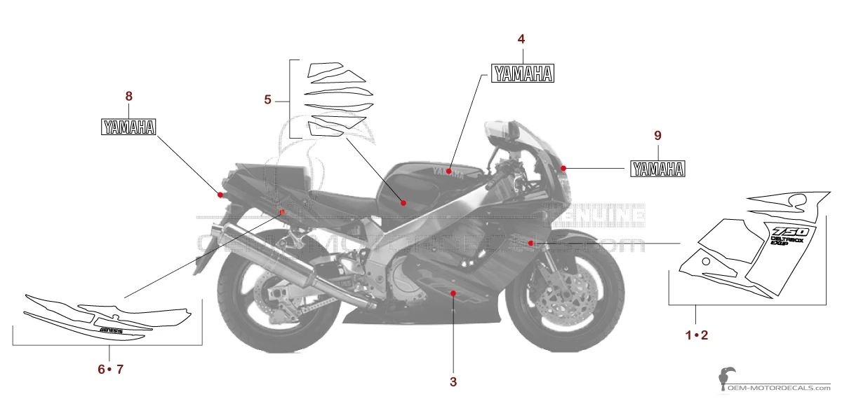 Decals for Yamaha YZF750R 1995 - Dark gray • Yamaha OEM Decals