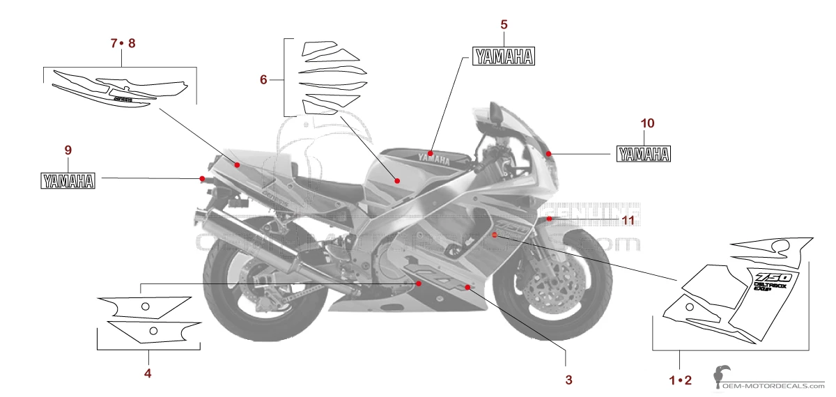 Pegatinas para Yamaha YZF750R 1995 - Blanco • Yamaha Pegatinas OEM