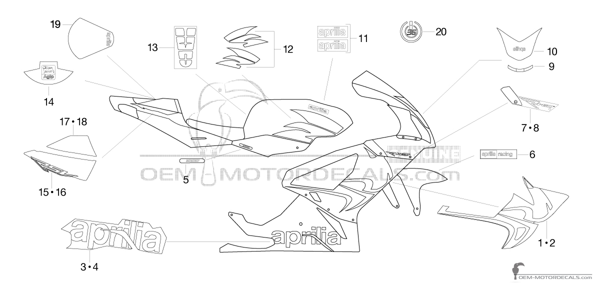 Adesivi per Aprilia RSV1000R Mille 2008 - Nero • Aprilia Adesivi OEM
