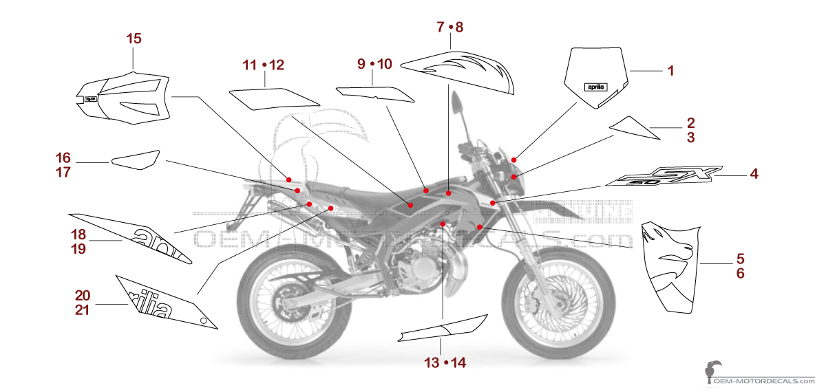 Decals for Aprilia SX50 2006 - Red • Aprilia OEM Decals Decals for Aprilia SX50 2006 - Red • Aprilia OEM Decals