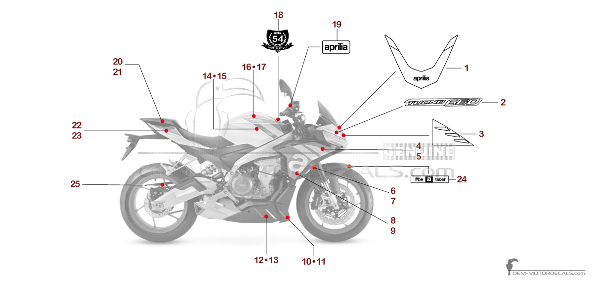 Autocollants pour Aprilia TUONO 660 2024 - Blanc • Aprilia Autocollants OEM