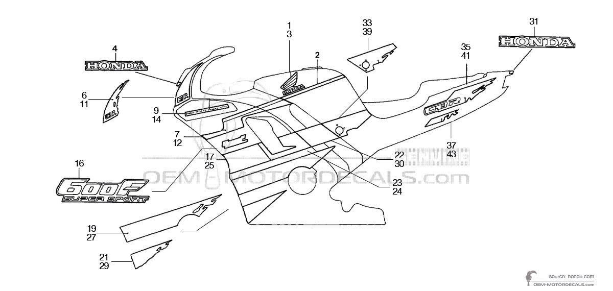 Autocollants pour Honda CBR600F HURRICANE 1992 - Noir • Honda Autocollants OEM