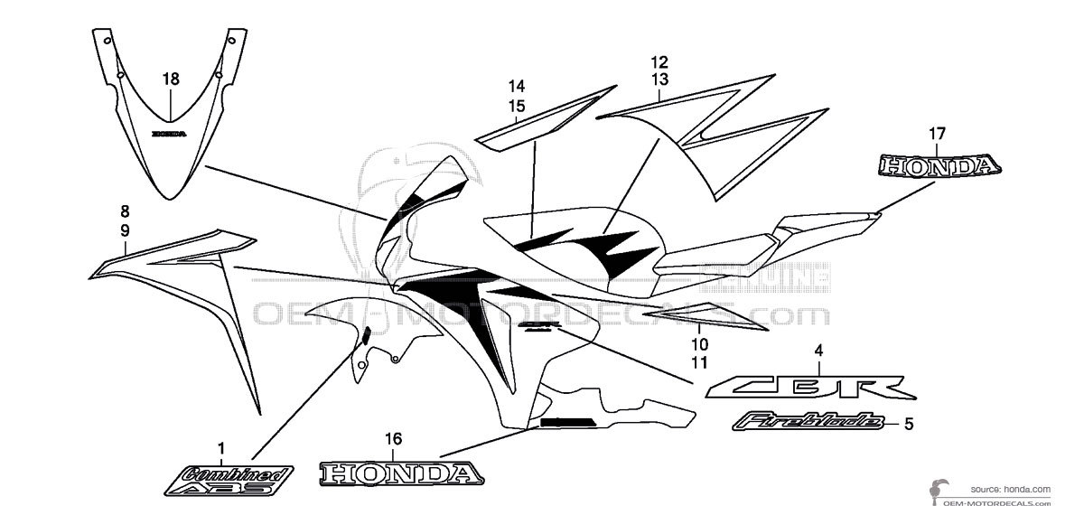 Pegatinas para Honda CBR1000RR FIREBLADE 2010 - Negro Blanco • Honda Pegatinas OEM