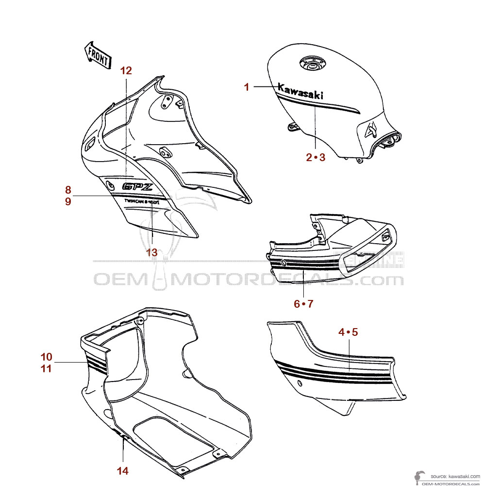 Naklejki do Kawasaki GPZ500S 1990 - Czerwony • Kawasaki Naklejki OEM