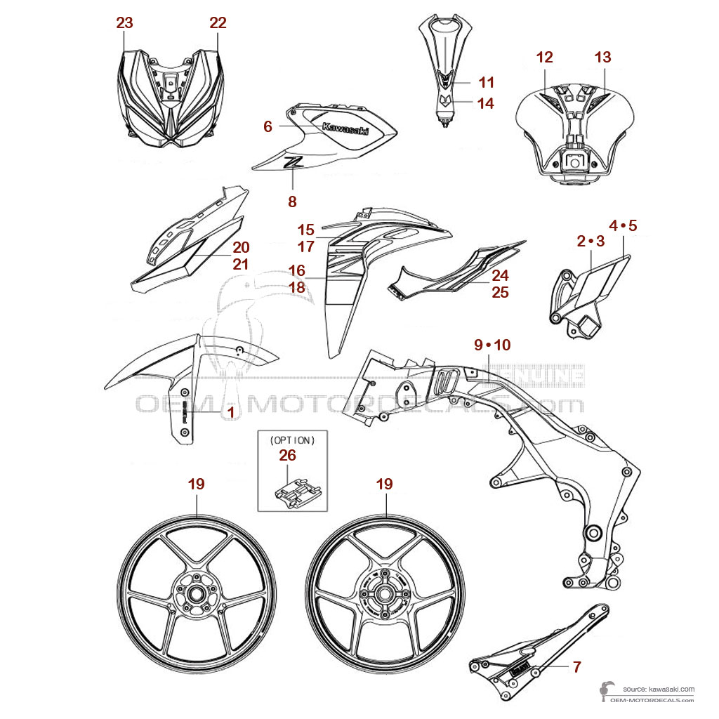 Autocollants pour Kawasaki Z1000R 2018 - Gris • Kawasaki Autocollants OEM