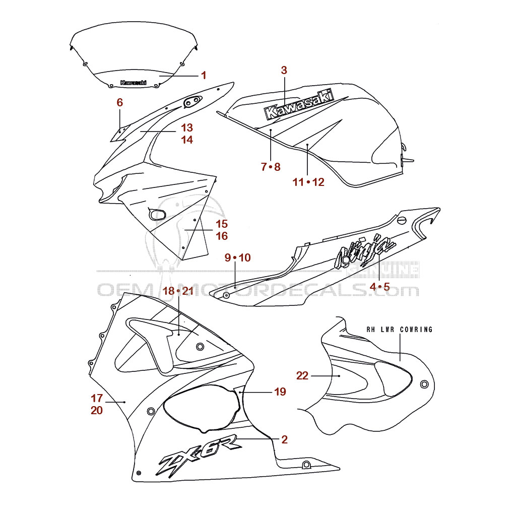 Stickers voor Kawasaki ZX6R 1999 - Grijs • Kawasaki OEM Stickers
