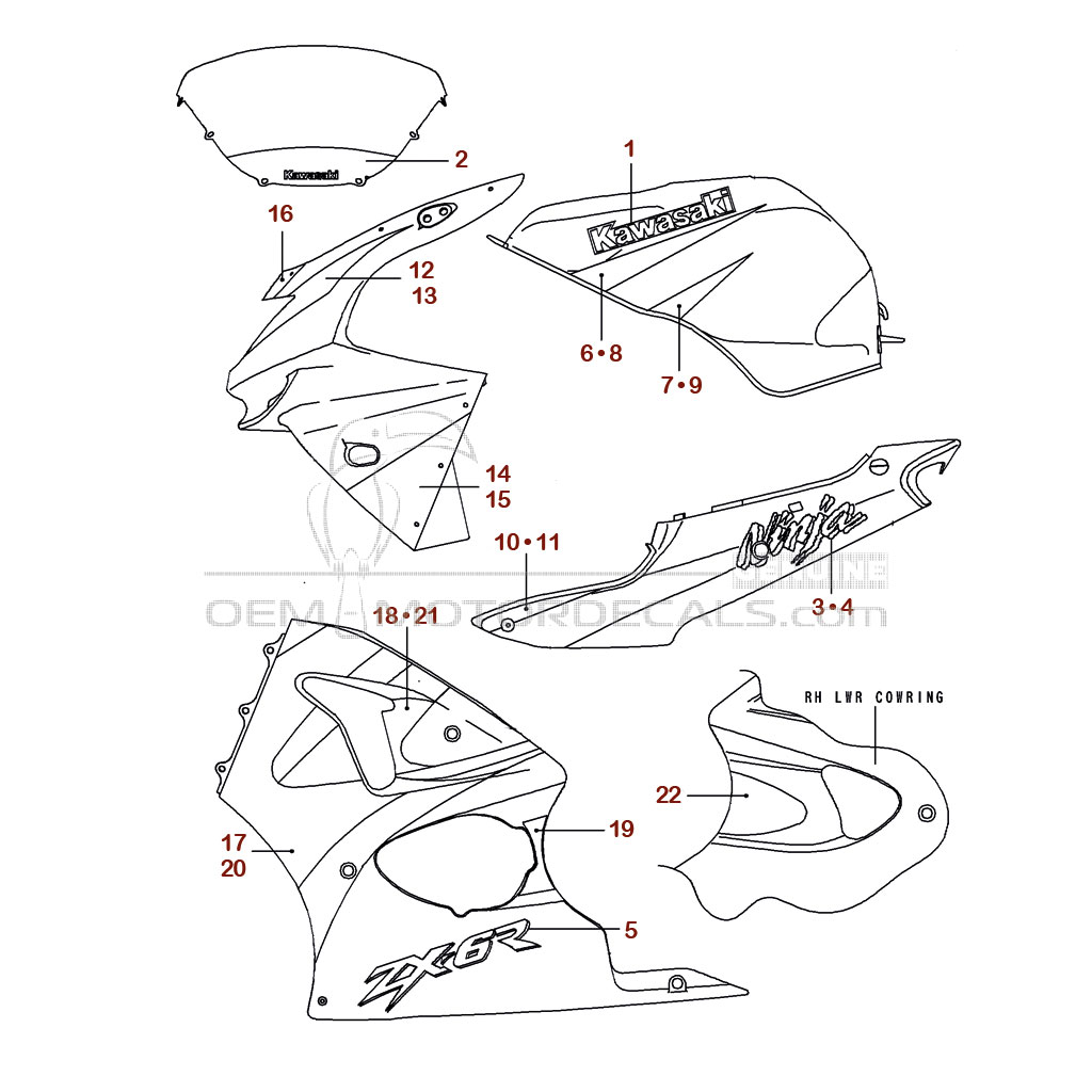 Stickers voor Kawasaki ZX6R 1999 - Groen • Kawasaki OEM Stickers