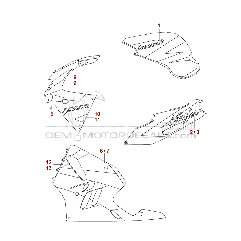 Decals for Kawasaki ZX9R 1994 - Red • Kawasaki OEM Decals
