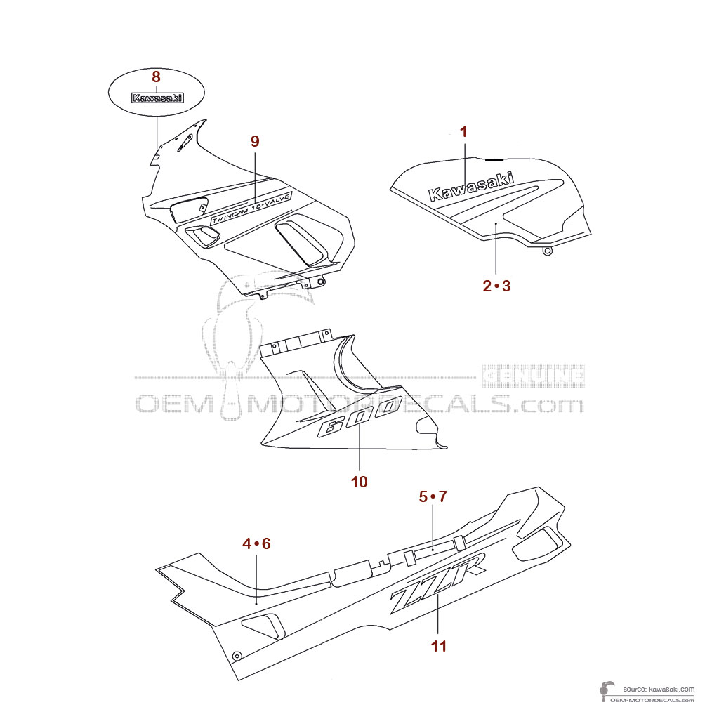 Autocollants pour Kawasaki ZZR600 1991 - Ebony • Kawasaki Autocollants OEM