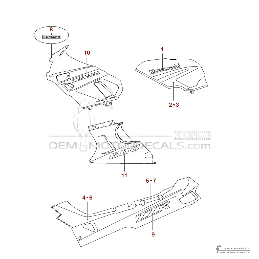 Autocollants pour Kawasaki ZZR600 1991 - Argent • Kawasaki Autocollants OEM