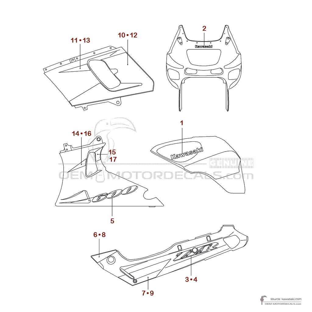 Stickers voor Kawasaki ZZR600 1998 - Grijs • Kawasaki OEM Stickers