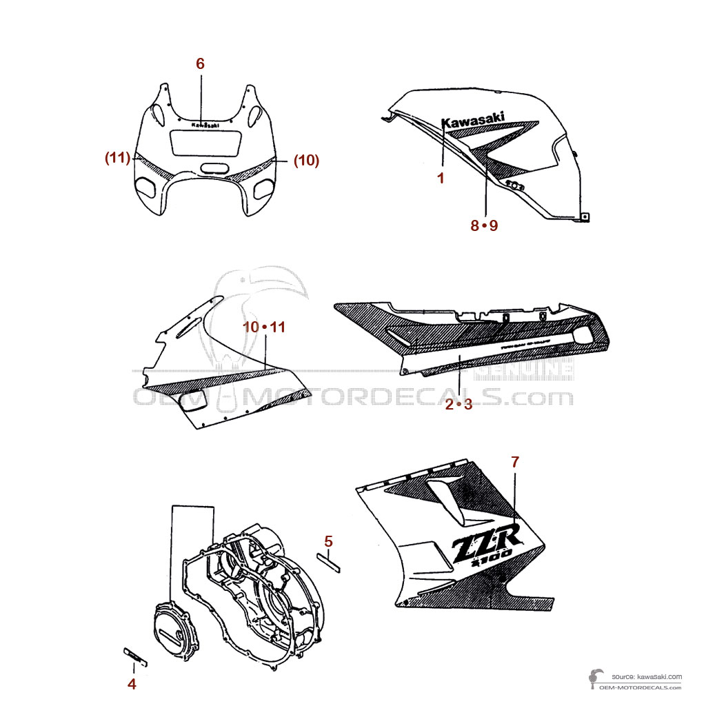 Pegatinas para Kawasaki ZZR1100 1992 - Rojo • Kawasaki Pegatinas OEM