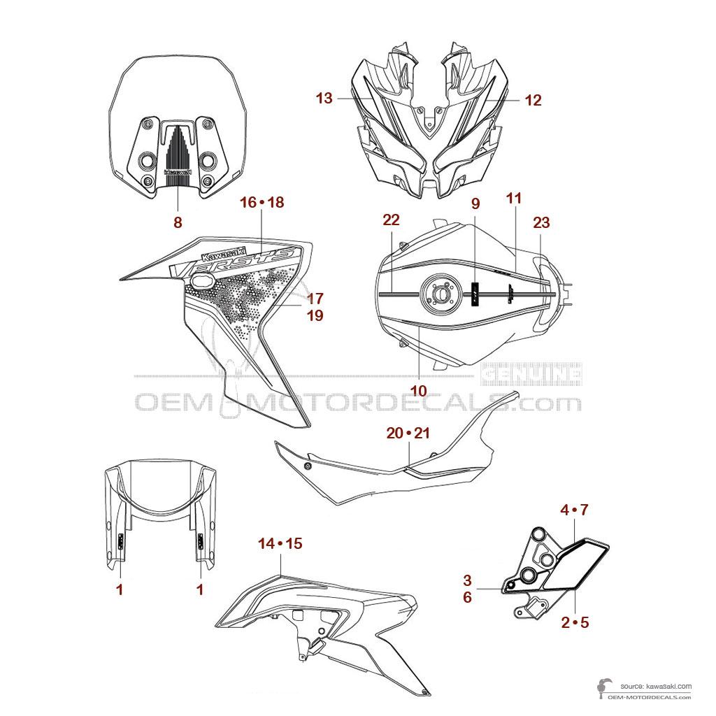 Decals for Kawasaki KLZ1000SE VERSYS 2023 - Black Red • Kawasaki OEM Decals