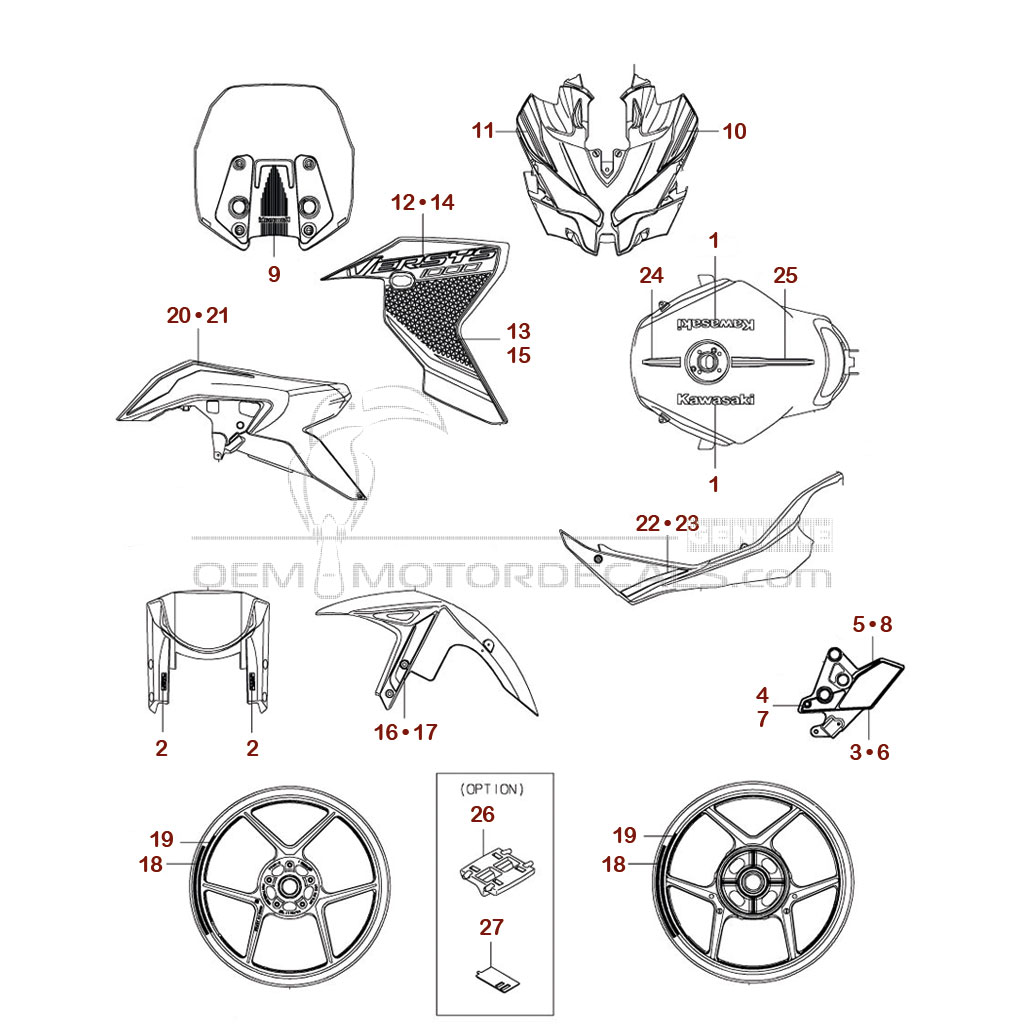Decals for Kawasaki KLZ1000S VERSYS 2023 - Red • Kawasaki OEM Decals